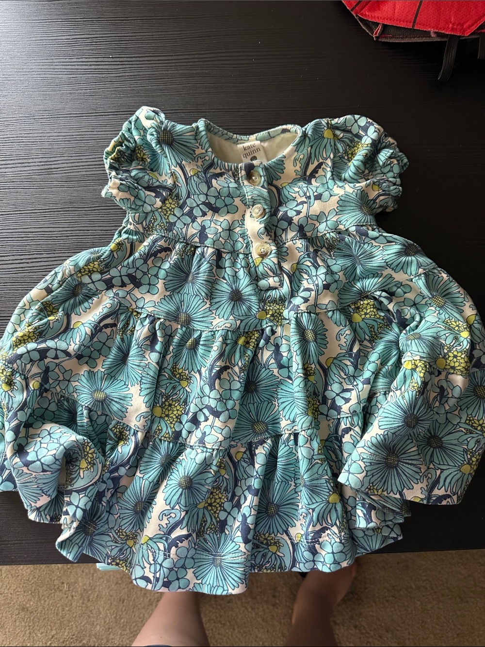 KATE QUINN Floral Tiered Baby Dress in Aqua & Yellow